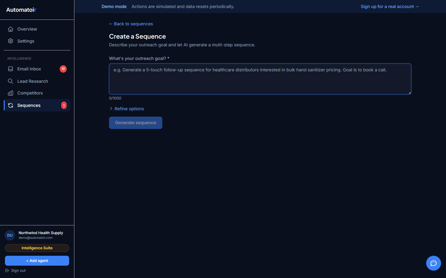 Sequence analytics dashboard showing sent, opened, replied, and unenrolled metric cards
