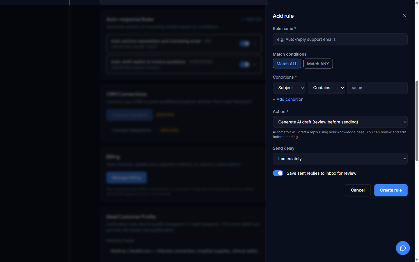 Rule builder with conditions and action configured