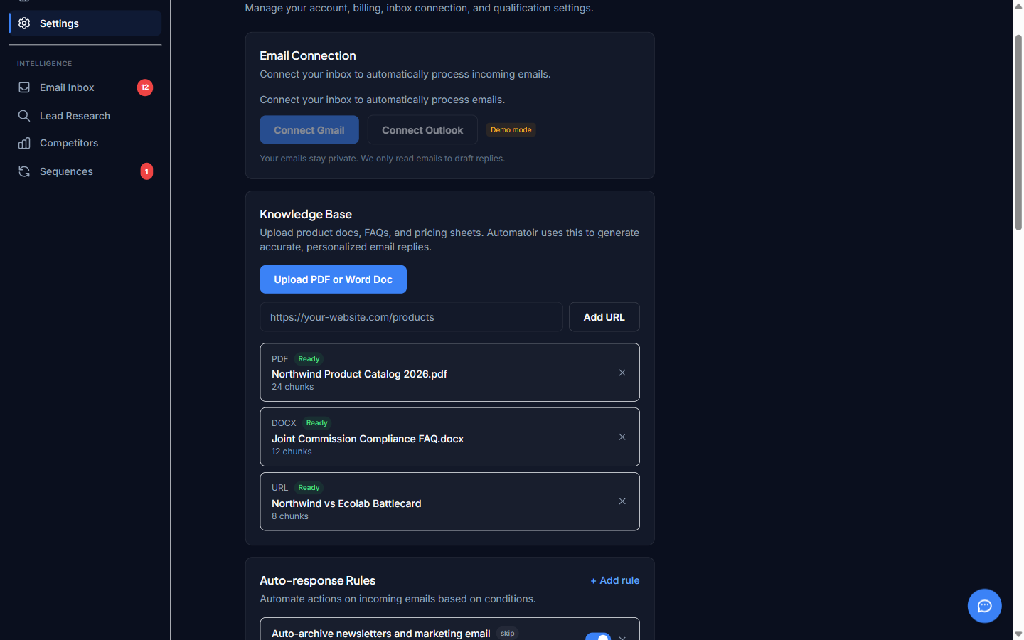 Settings page with the Email Connection section visible