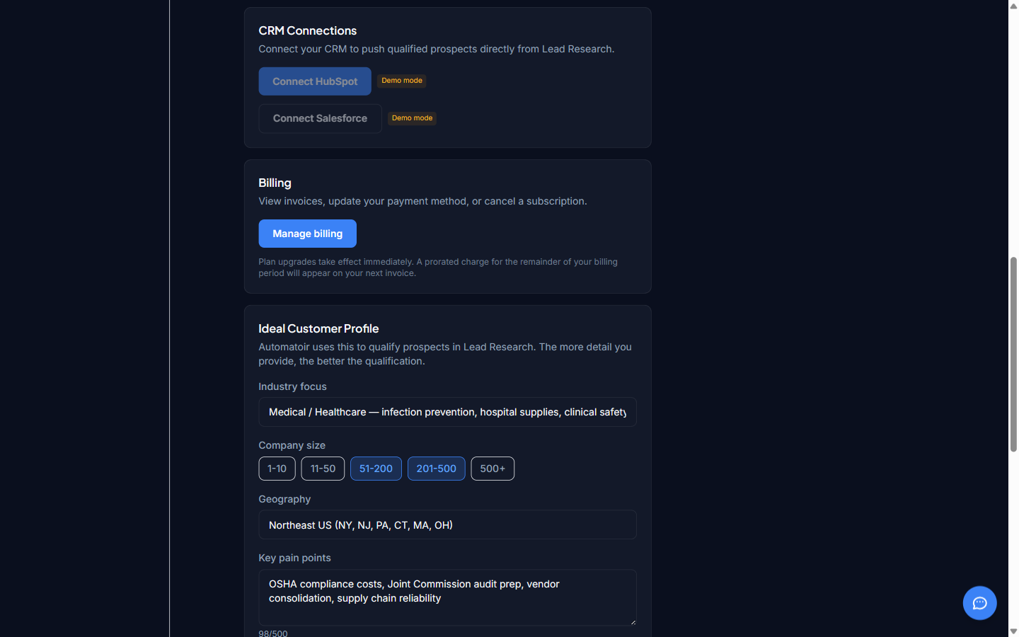 CRM Connections section with Connect HubSpot and Connect Salesforce buttons